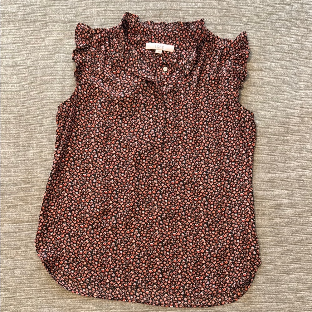 LOFT Brown Ruffled Buttoned Blouse with Mandarin Collar